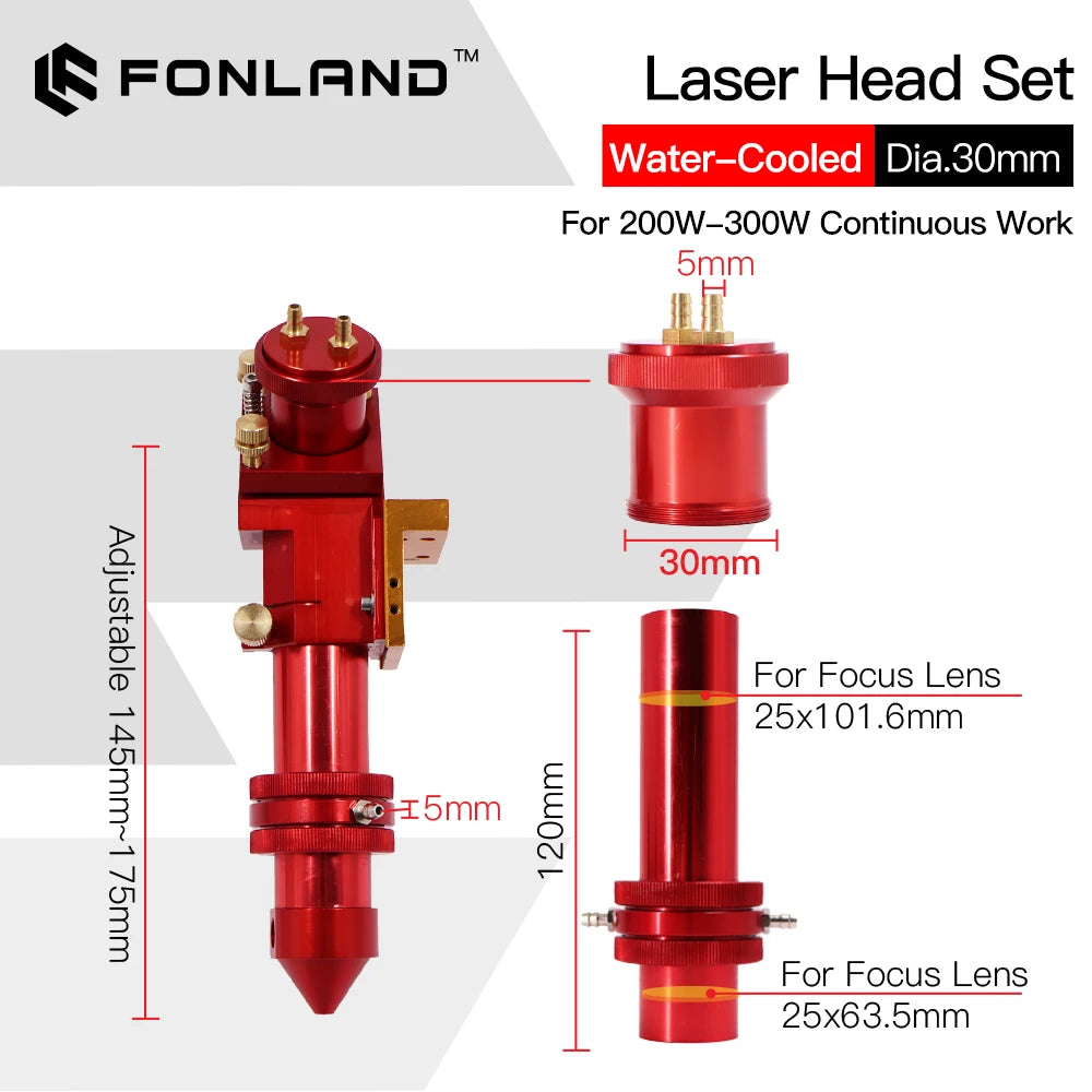 Co2 Laser Head Set with Water Cooling Focus Lens Dia.25 Focus Length 50.8/63.5/76.2/101.6mm Integrative Mount Holder 150-300W