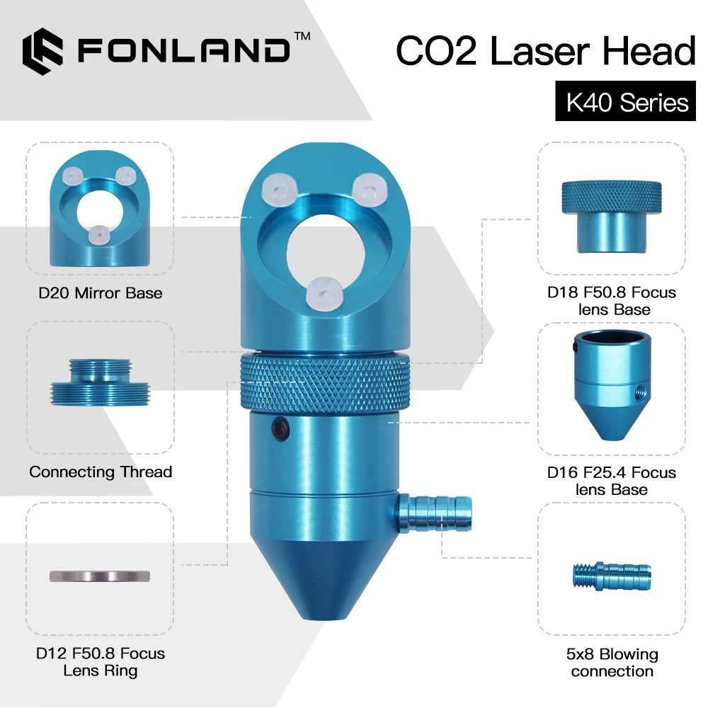 FONLAND CO2 Laser Head For K40 Series Laser Engraving Cutting Machine Lens Dia 12/15/18mm Focal Length 50.8mm Mirror 20mm