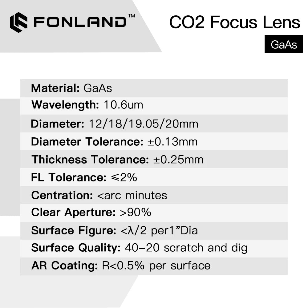 FONLAND GaAs Focus Lens Dia.18 19.05 20 25mm FL 38.1 50.8 63.5 76.2 101.6mm 1.5-4" for CO2 Laser Engraving Cutting Machine