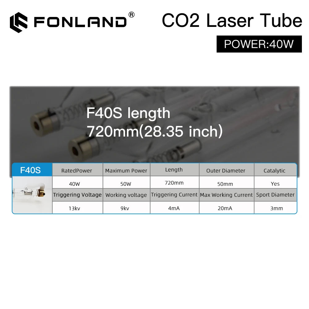 Fonland  35-45W Co2 Metal Glass Laser Tube 720MM 40W Glass Laser Lamp for CO2 Laser Engraving Cutting Machine