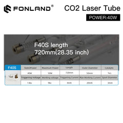 Fonland  35-45W Co2 Metal Glass Laser Tube 720MM 40W Glass Laser Lamp for CO2 Laser Engraving Cutting Machine