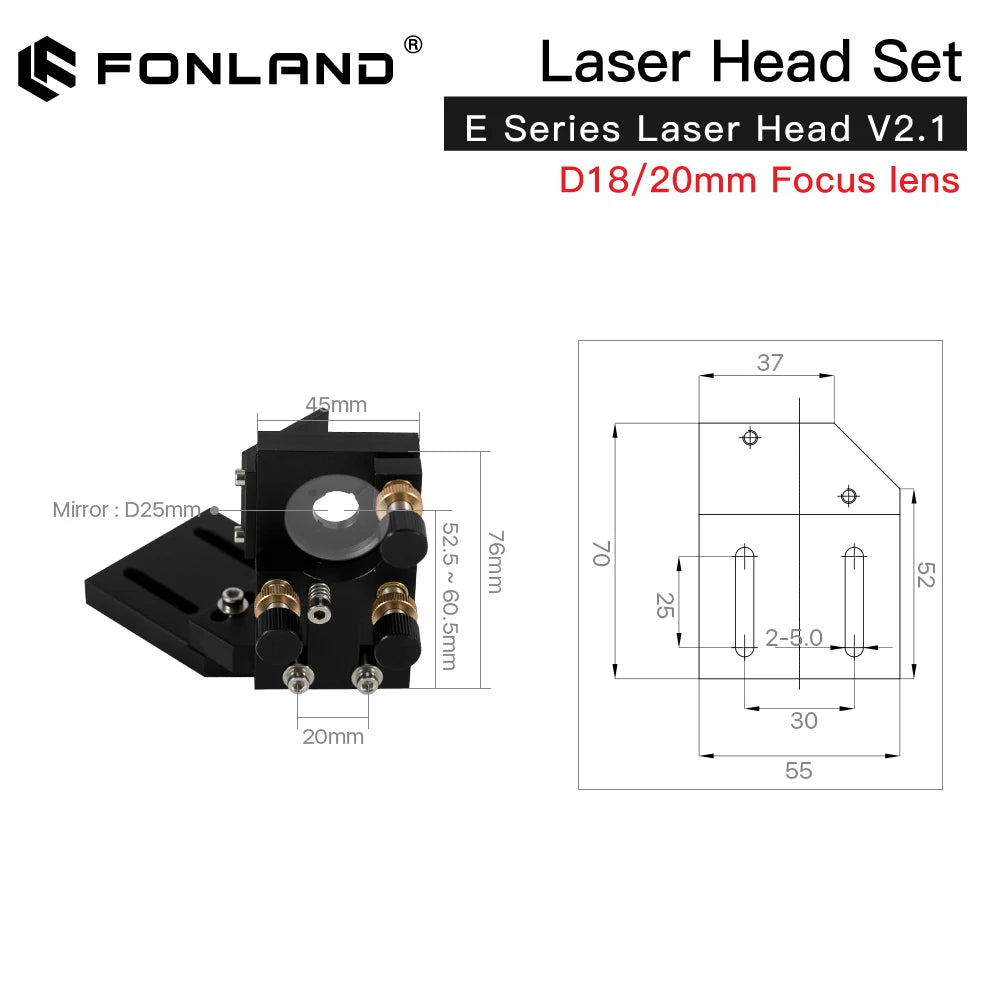 Fonland CO2 E Series Laser Head Set with Lens D20mm FL 50.8mm  63.5mm 101.6mm Mirror 25mm for Laser Engraving Cutting Machine