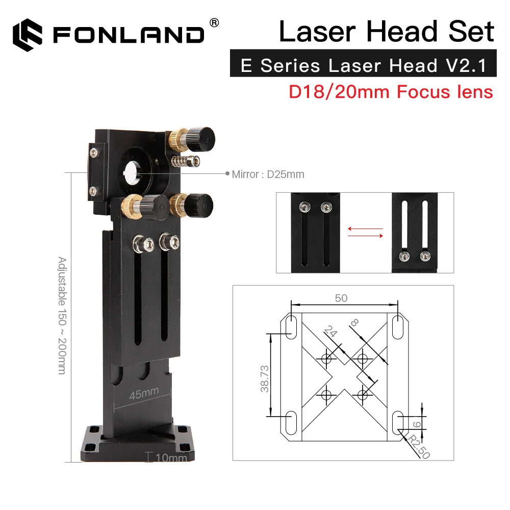 Fonland CO2 E Series Laser Head Set with Lens D20mm FL 50.8mm  63.5mm 101.6mm Mirror 25mm for Laser Engraving Cutting Machine