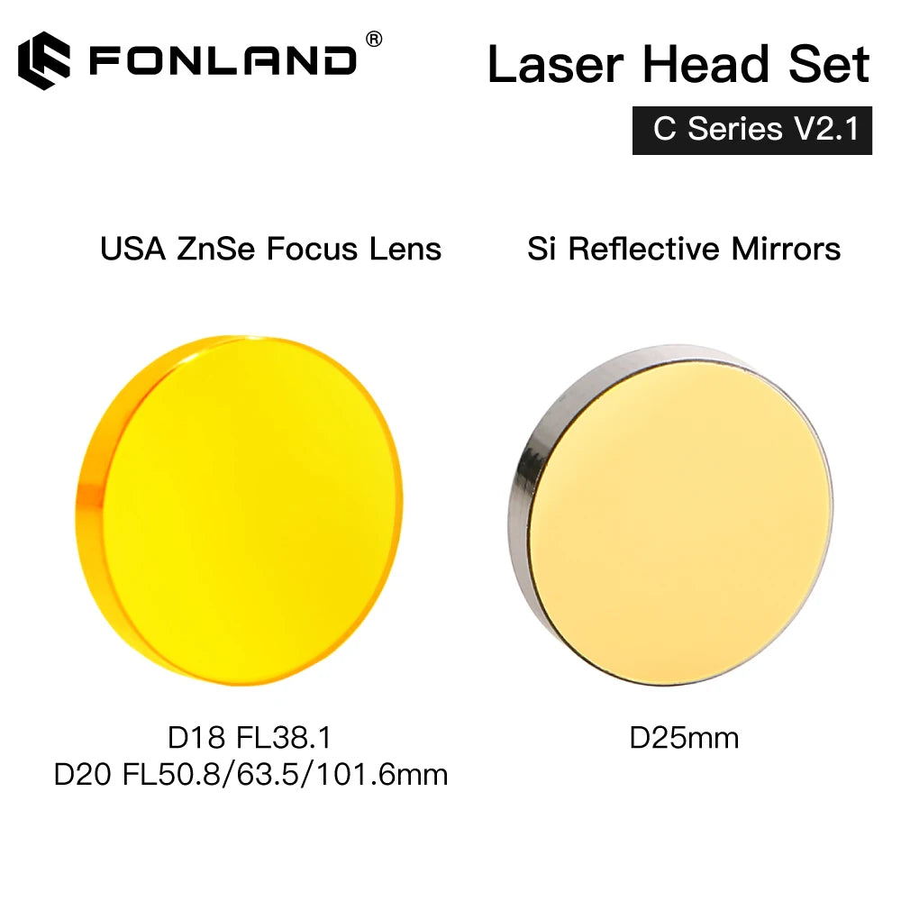 Fonland CO2 Laser Head Set Dia.18mm FL38.1&Dia.20 FL50.8/63.5/101.6mmZnSe Focus Lens Dia.25m Mirror for Laser Engraving Machine