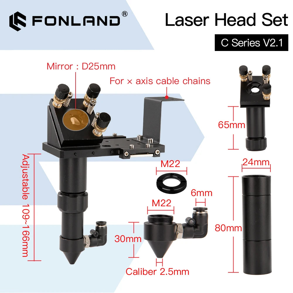 Fonland CO2 Laser Head Set Lens D18 FL38.1 D20FL50.8/63.5/101.6mm Integrative Mount Dia25 Mirror for Laser Cutting Machine