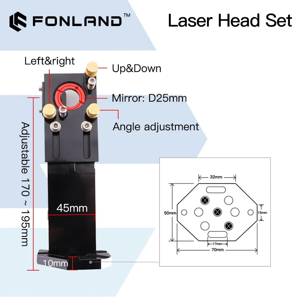 Fonland CO2 Laser Head Set Lens Dia.20 FL50.8/63.5/76.2/101.6mm Integrative Mount Dia.25 Mirror for Laser Cutting Machine