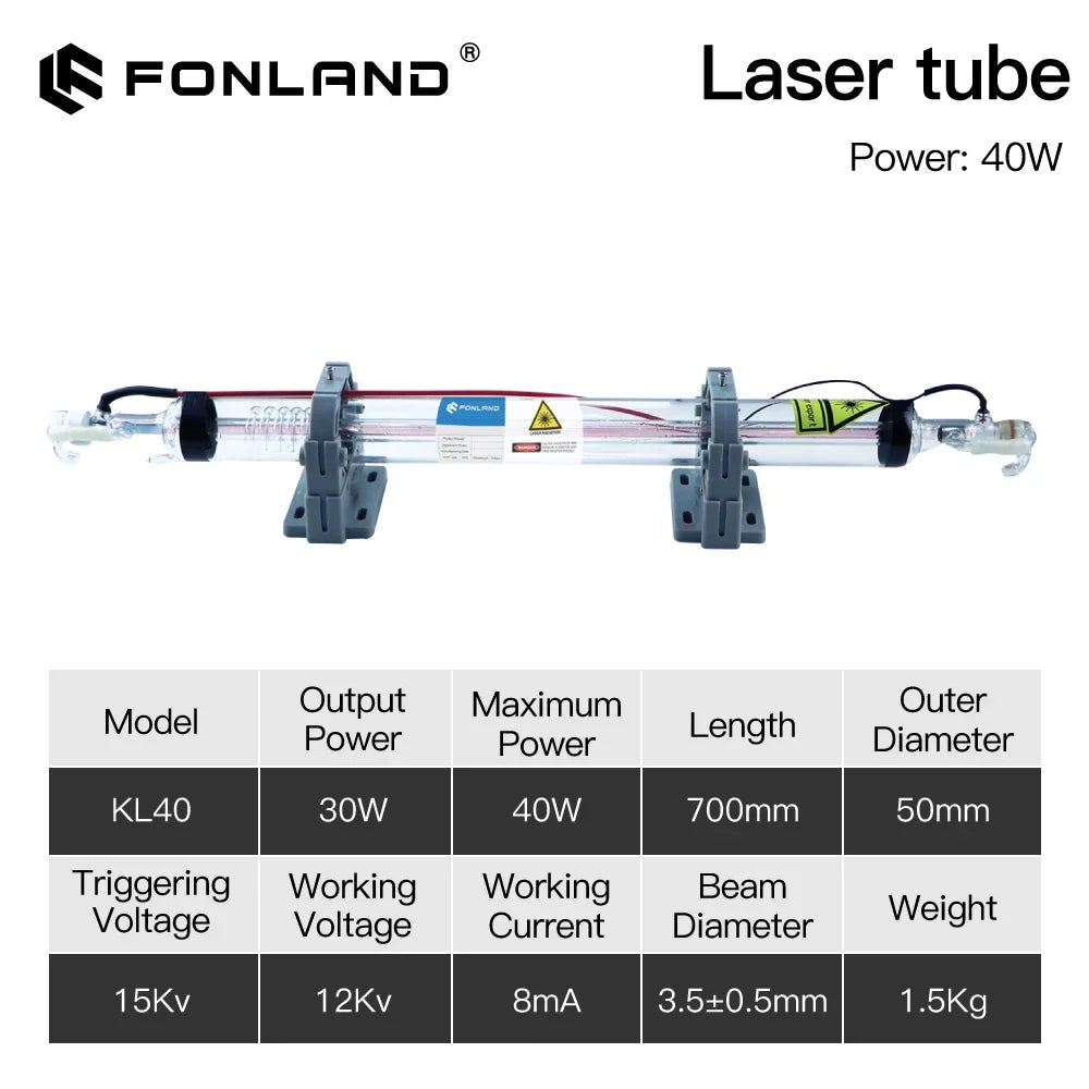 Fonland Co2 Laser Tube 40W Length 700MM Glass Laser Lamp for Co2 Laser Engraving Cutting Machine K40 Series Damage Warranty