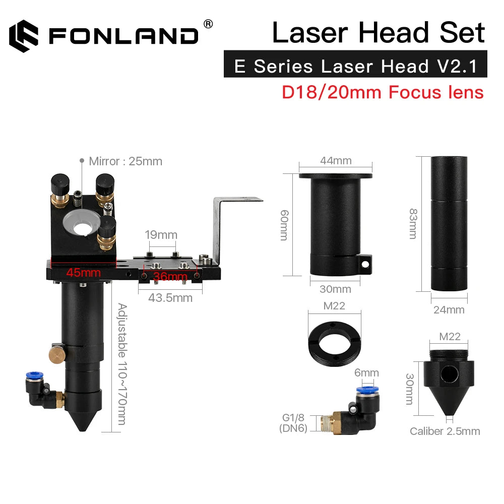 Fonland E Series CO2 Laser Head Full Set + 1 Pcs Focusing Lens + 3 Pcs Si / Mo Mirrors for Engraver Cutting Machine Parts