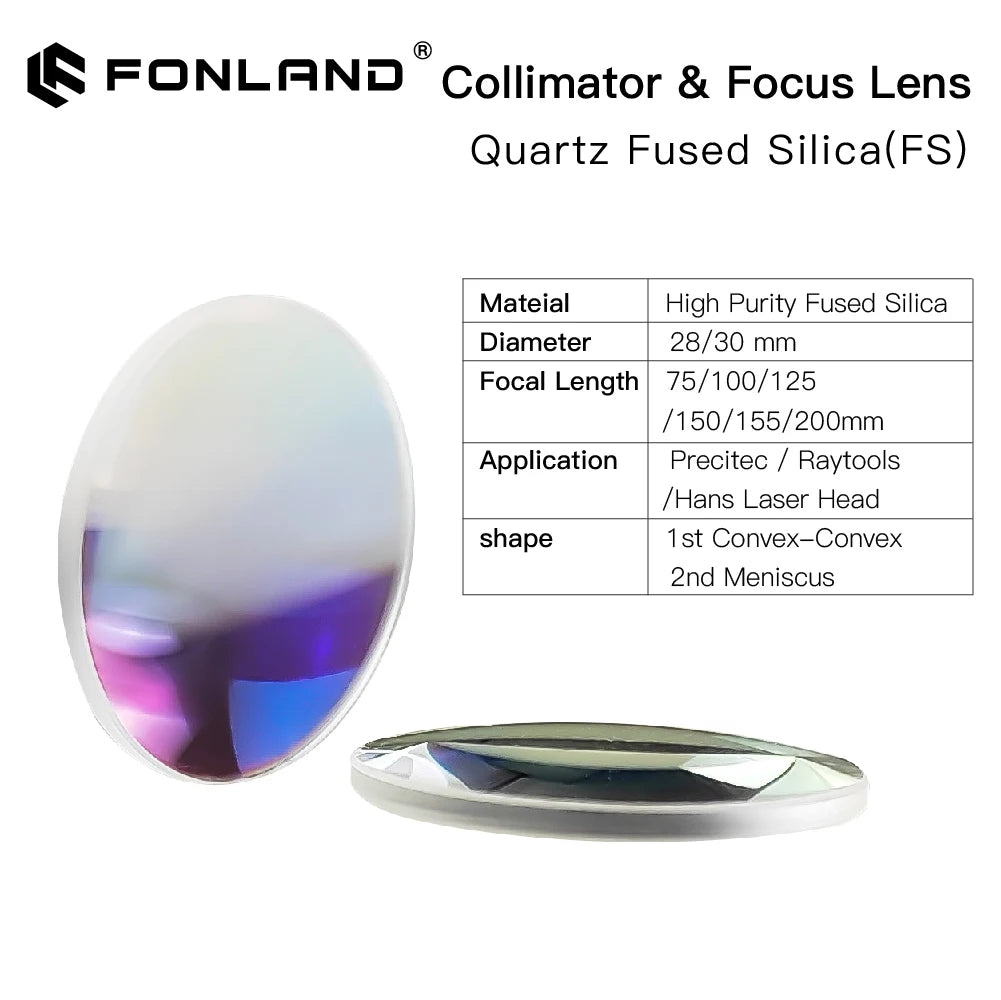 Fonland Fiber Laser Collimator & Focus Lens F75/F100/F125/F150/F200 2Pcs/Set for Raytools WSX Bodor Laser Head BT240S etc