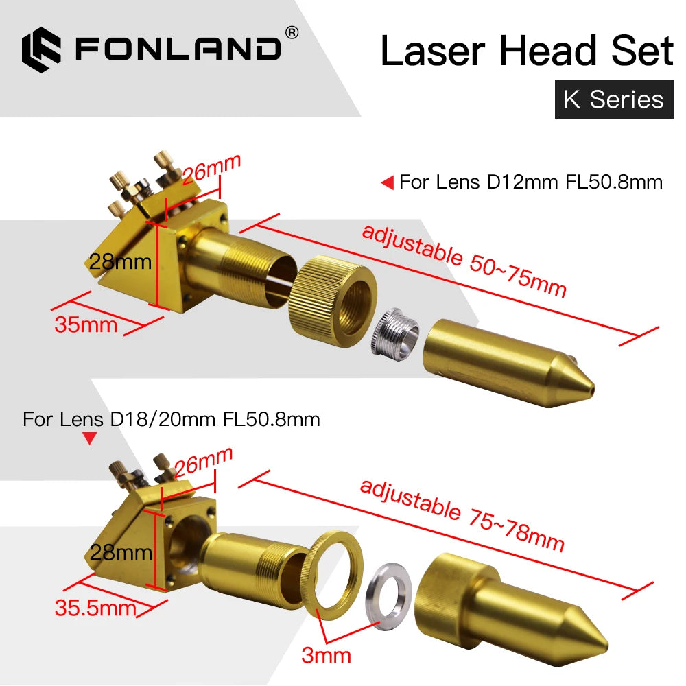 Fonland K Series CO2 Laser Head Set D12 18 20 FL50.8mm Lens for 2030 4060 K40 Laser Engraving Cutting Machine Fast Shipping