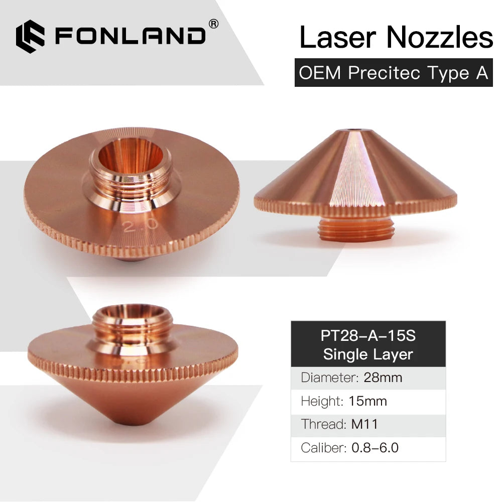 Fonland Laser Nozzle Single Double Layer Dia. 28mm H15/11mm Caliber 0.8 - 6.0 for Precitec WSX HANS Fiber Laser Cutting Head