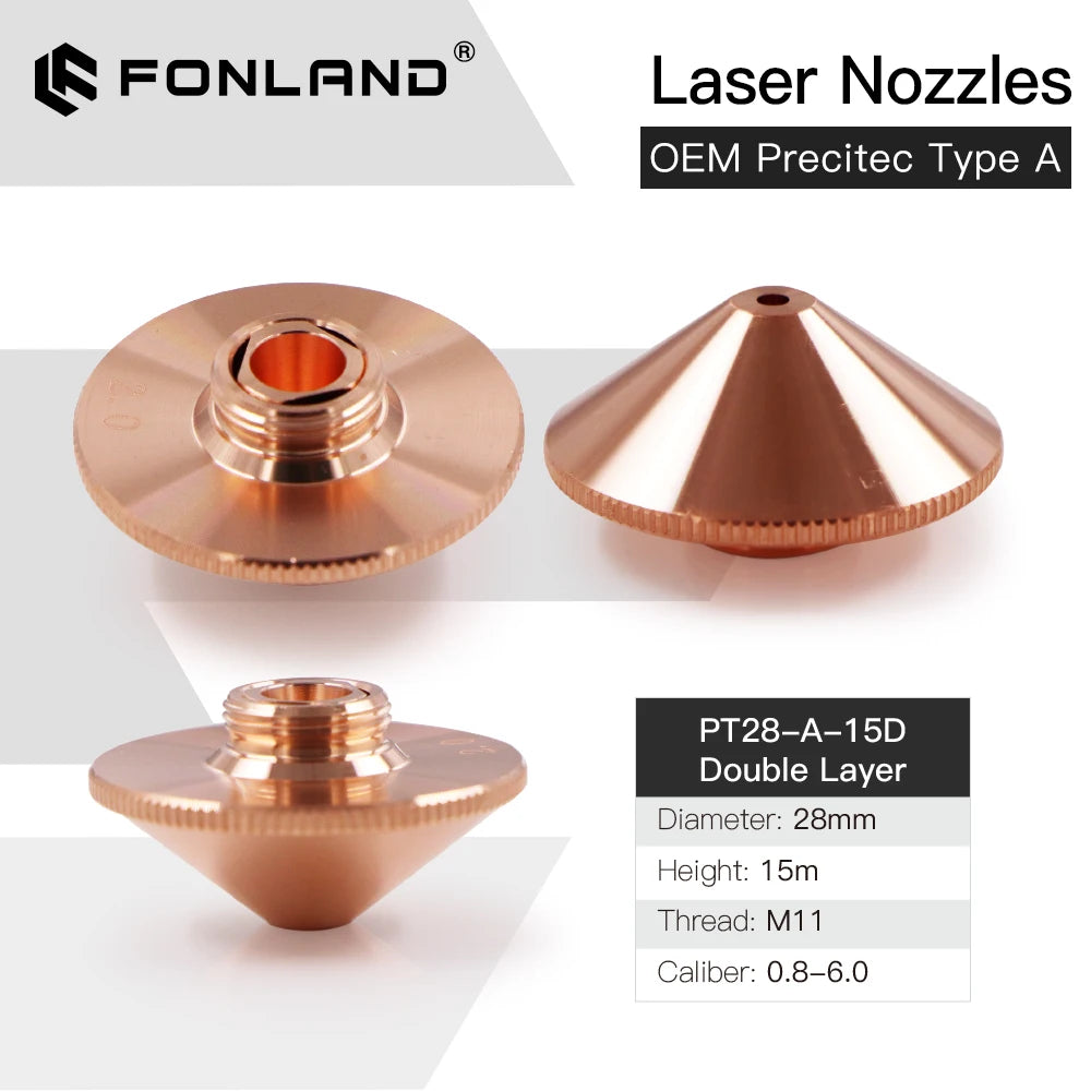 Fonland Laser Nozzle Single Double Layer Dia. 28mm H15/11mm Caliber 0.8 - 6.0 for Precitec WSX HANS Fiber Laser Cutting Head