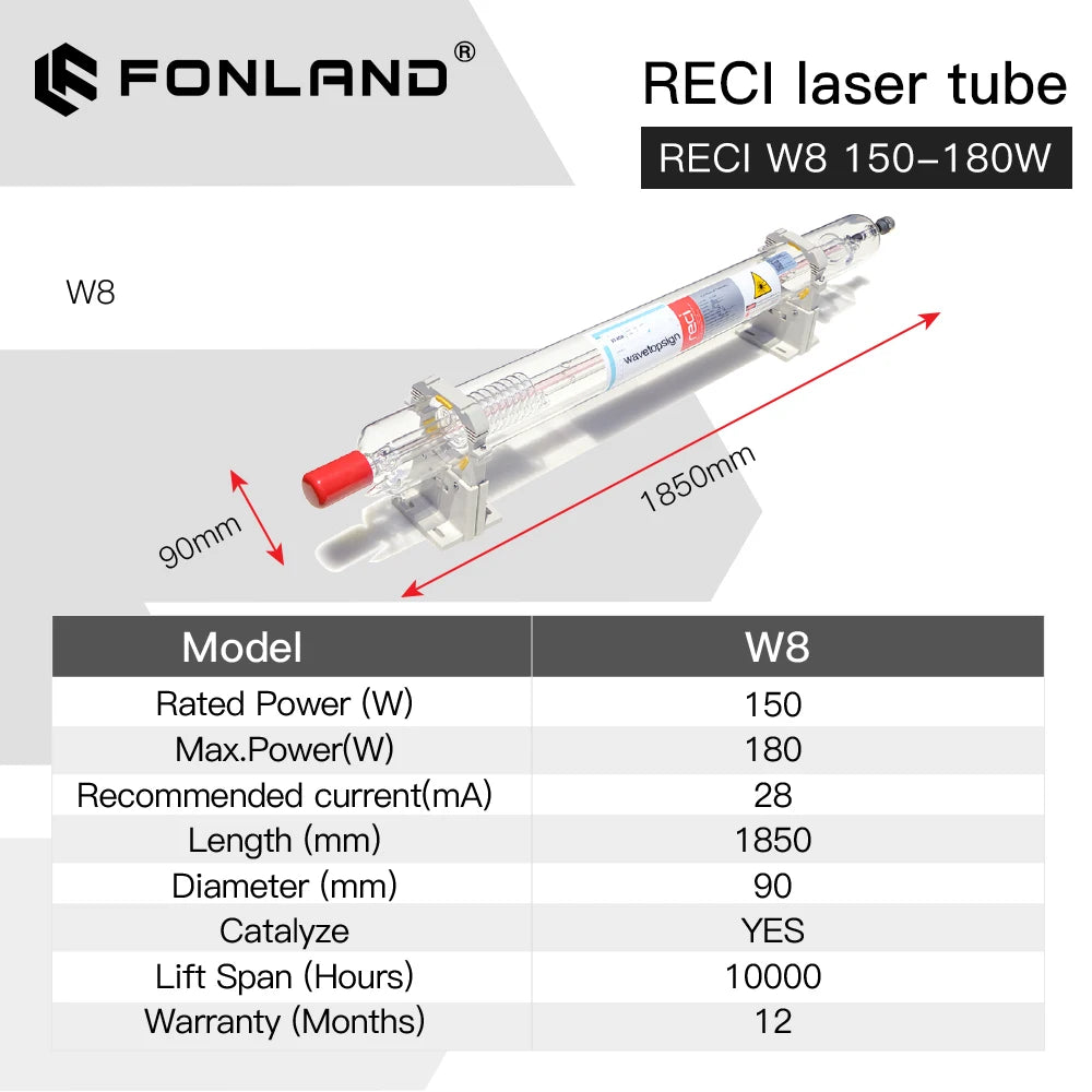 Fonland Reci W8 150W CO2 Laser Tube Wooden Case Box Packing Length 1850 Dia. 90mm for CO2 Laser Engraving Cutting Machine S8 Z8