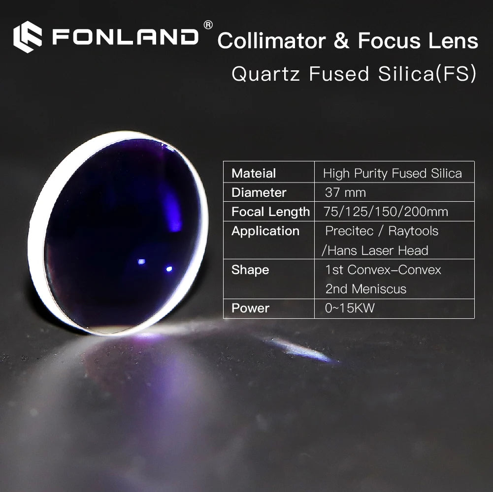 Fonland Spherical Focusing Lens D37 D38 F75/100/125/150/155/200mm 2Pcs Quartz Fused Silica for High Energy Fiber Laser 1064nm