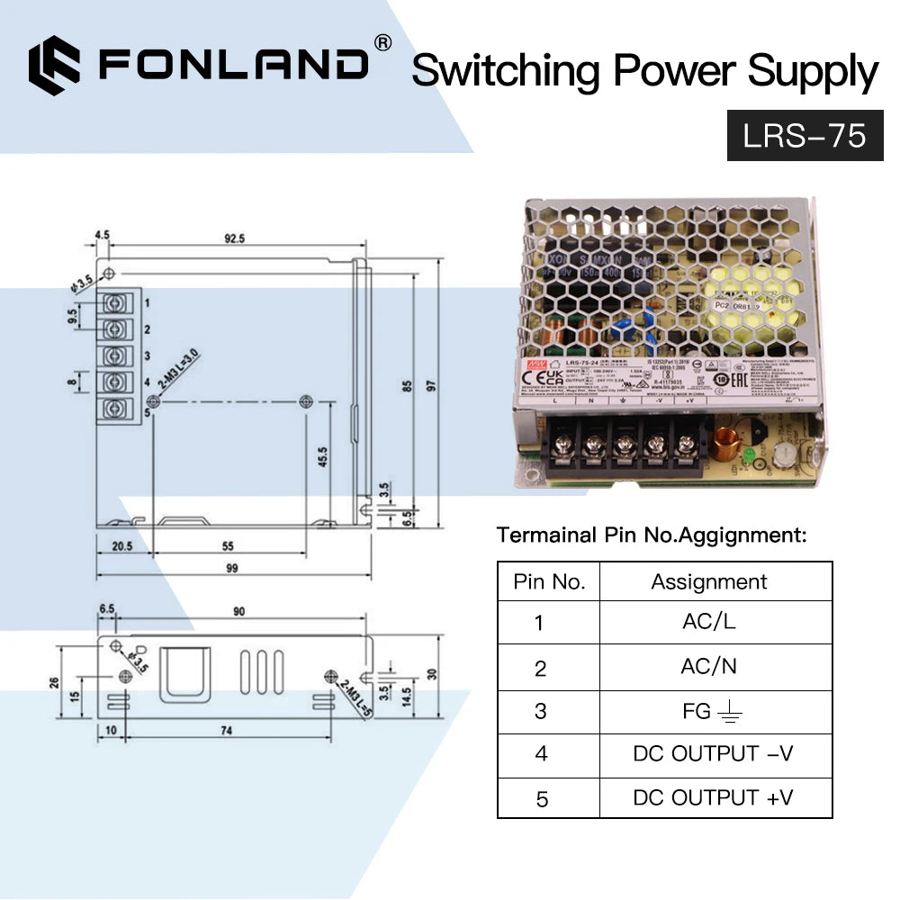 Mean Well LRS-75 Series Switching Power Supply 75W 5A 12A 15A 24A 36A 48A Mean Well Single output Switching Power Supply