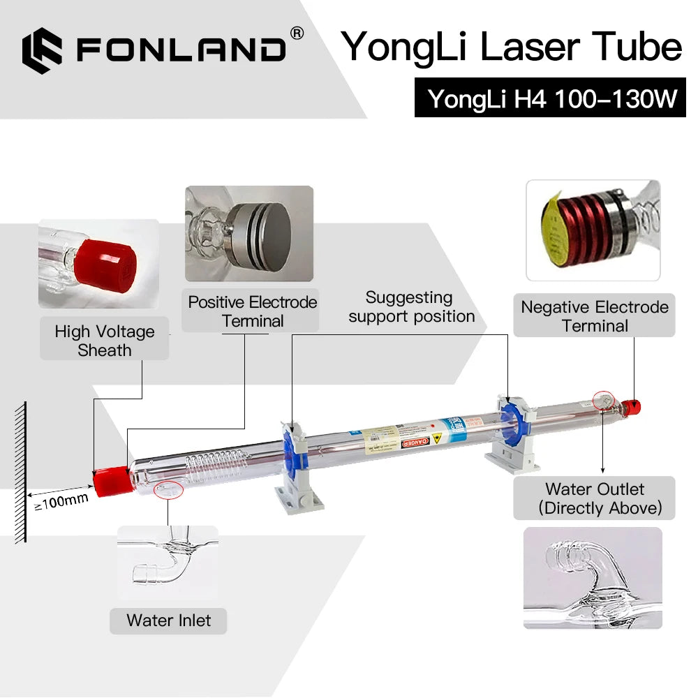 Yongli Original H4 100W CO2 Laser Tube H Series Dia.60mm Safe Packing for Laser Engraving Cutting Machine Lifetime Warranty