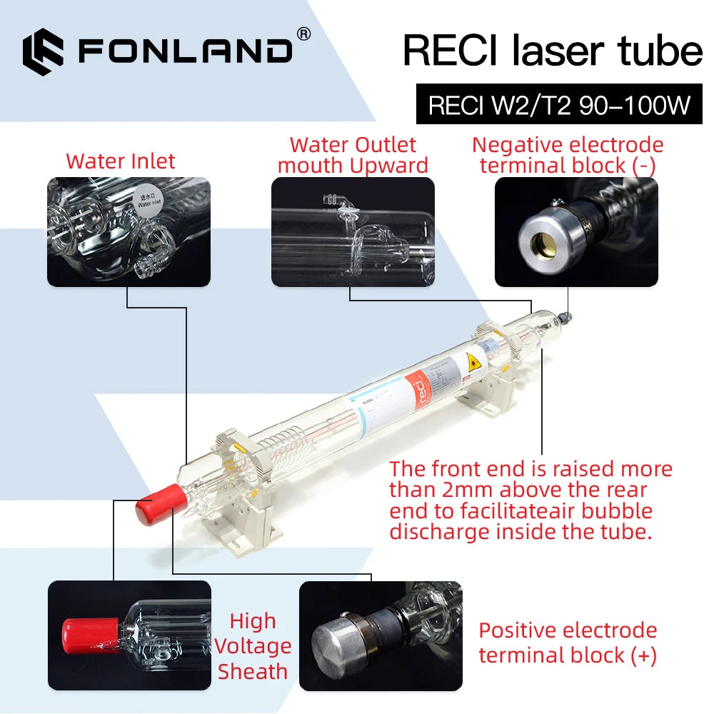 Fonland Reci W2/T2 90W-100W CO2 Laser Tube Wooden Box Packing Dia. 80mm/65mm CO2 Laser Engraving Cutting Machine S2 Z2